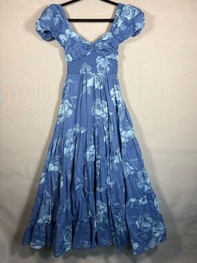 Free People Blue Floral Puff Sleeve Maxi Dress